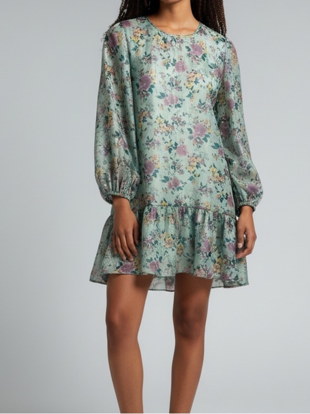 LDT floral sheer long sleeve mini dress